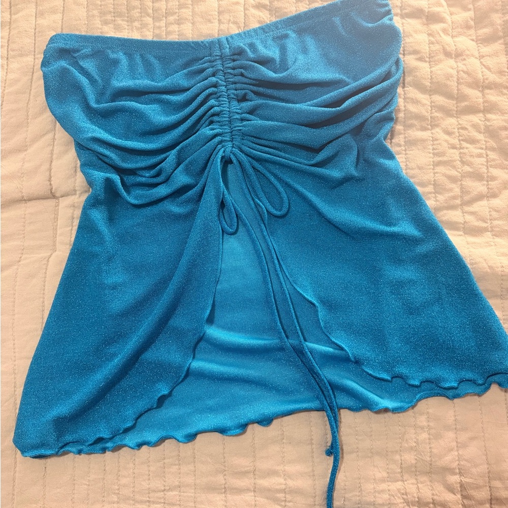 UO Blue Ruched Strapless Top - Picture 2 of 4